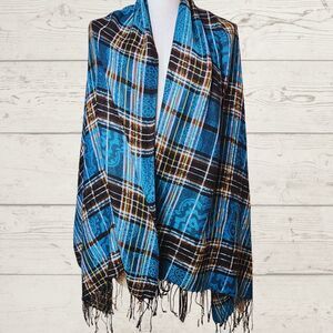 Tartan Plaid Blue Brown Black Rectangular Scarf with Fringe 67 X 28